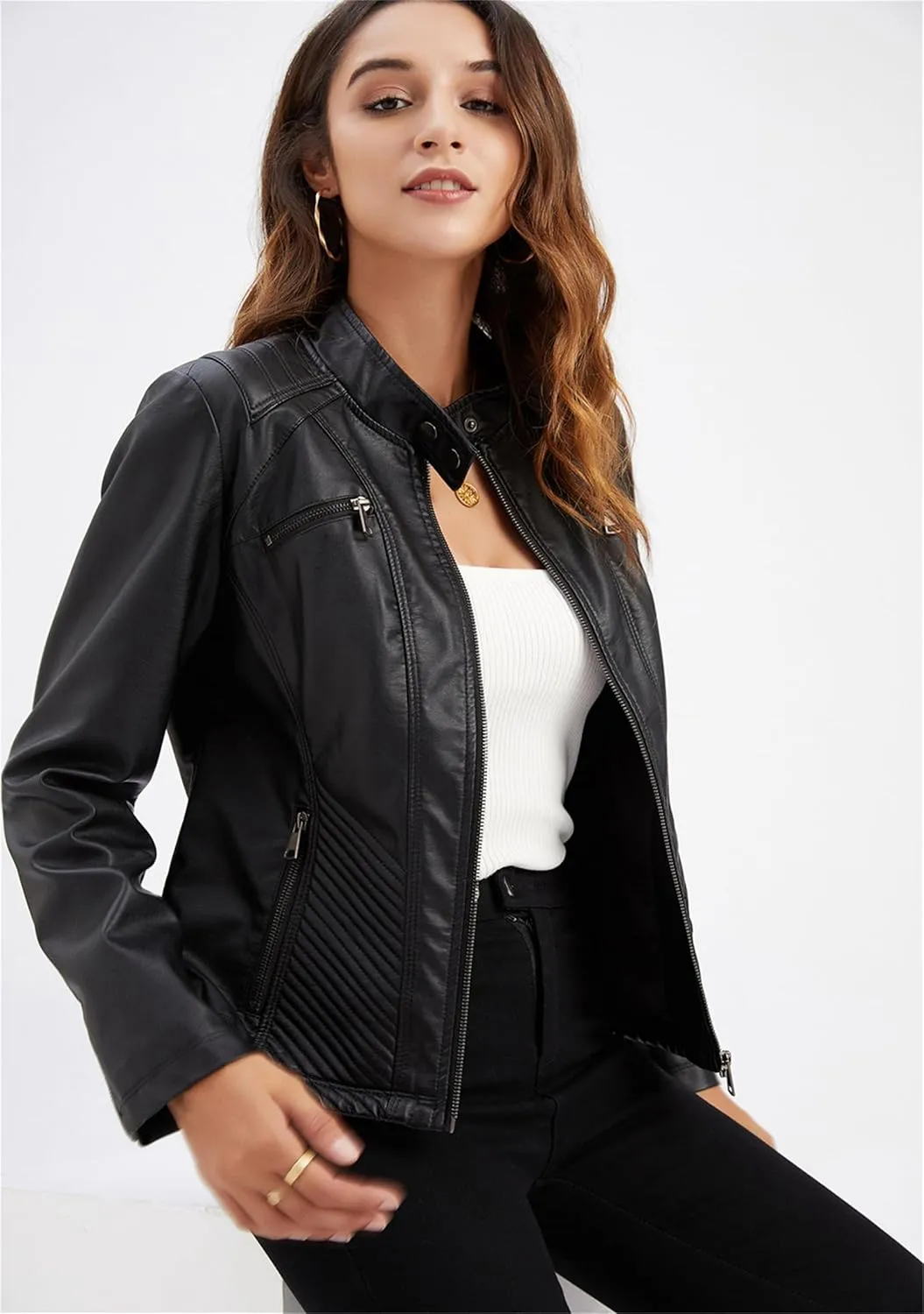 YMING Womens Faux Leather Zipper Jackets PU Motorcycle Coat Fall Plus Size Biker Outwear