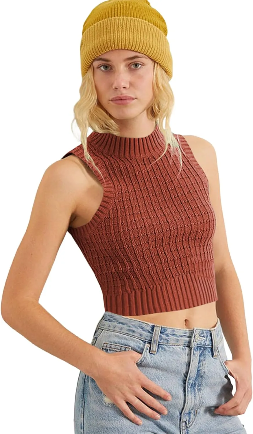 ZAFUL Women's Mock Neck Sleeveless Crop Top Knit Sweater Vest Casual Ribbed Slim Pullover Tank Tops