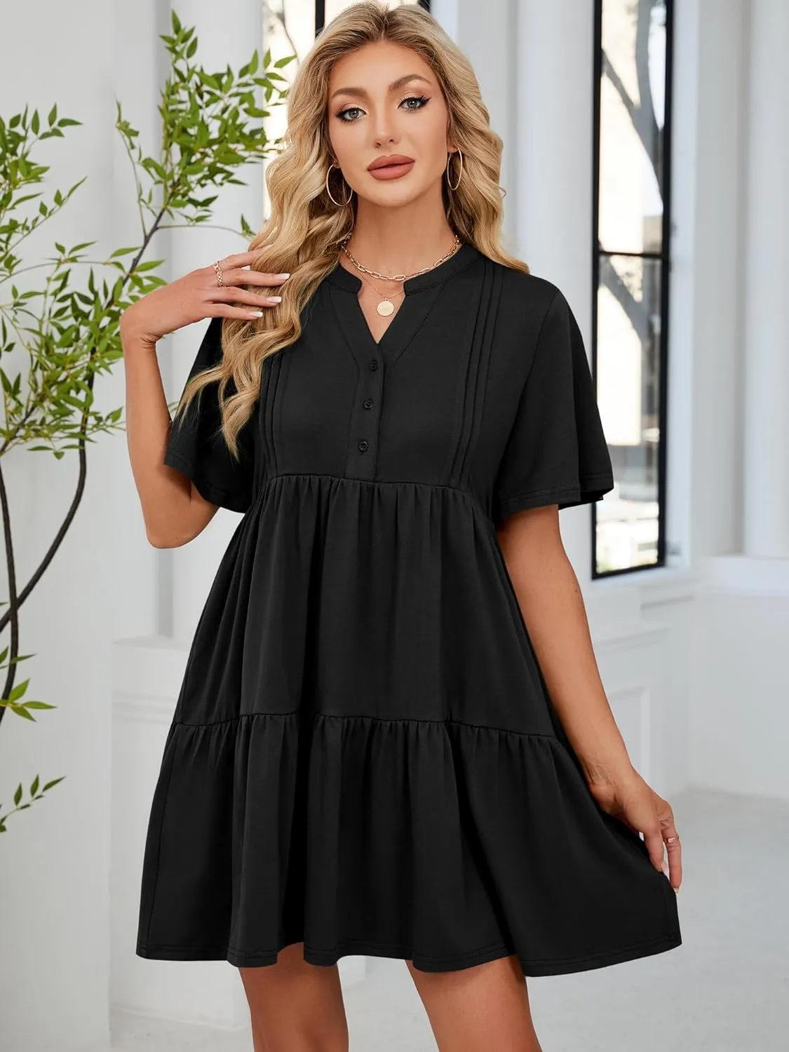 ZAFUL Womens Summer Dress 2025 Short Seeve V Neck Casual Beach Aline Tiered Mini Dress with Pockets