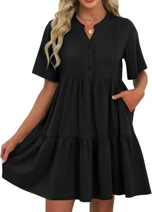 ZAFUL Womens Summer Dress 2025 Short Seeve V Neck Casual Beach Aline Tiered Mini Dress with Pockets