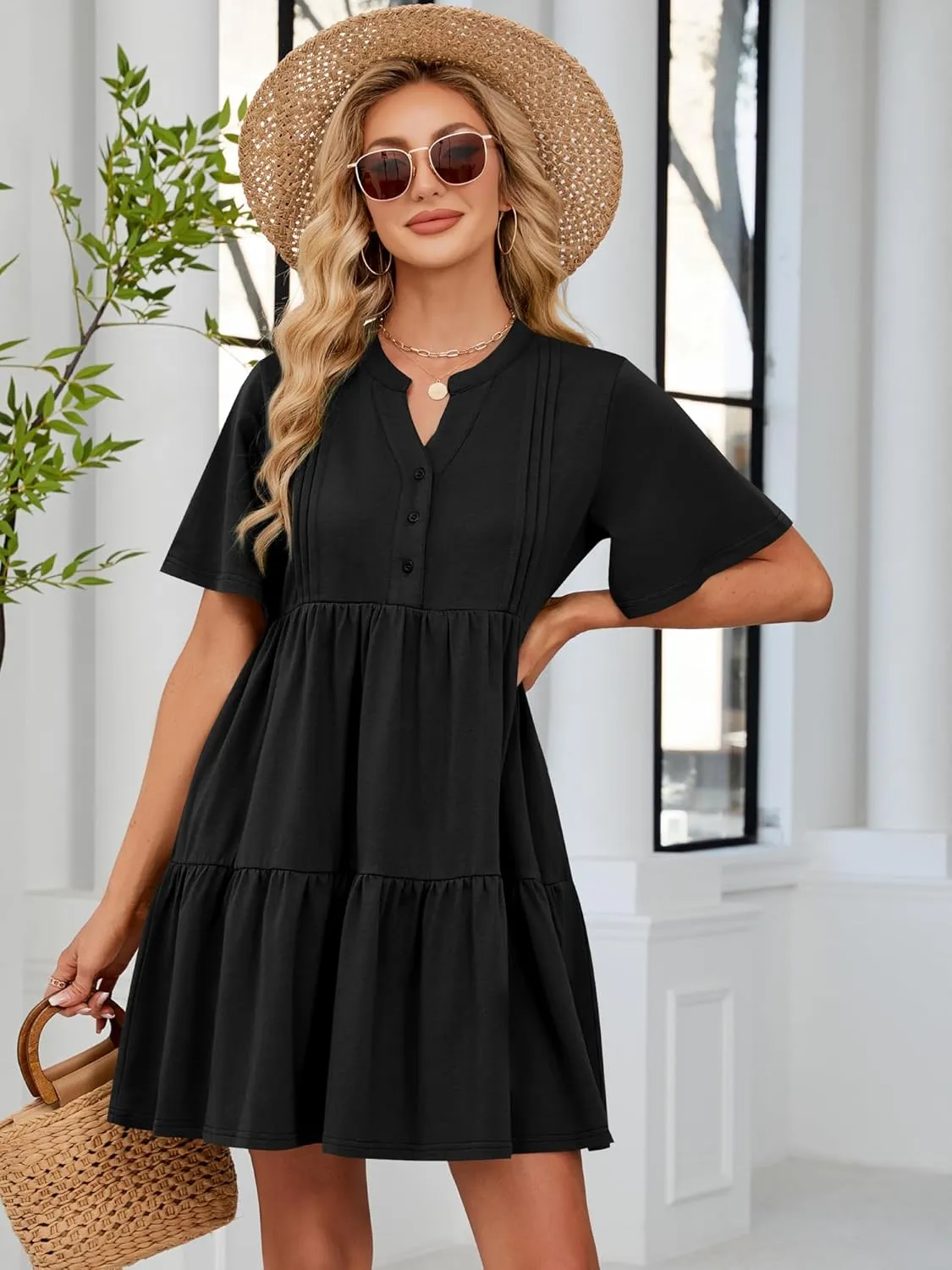 ZAFUL Womens Summer Dress 2025 Short Seeve V Neck Casual Beach Aline Tiered Mini Dress with Pockets
