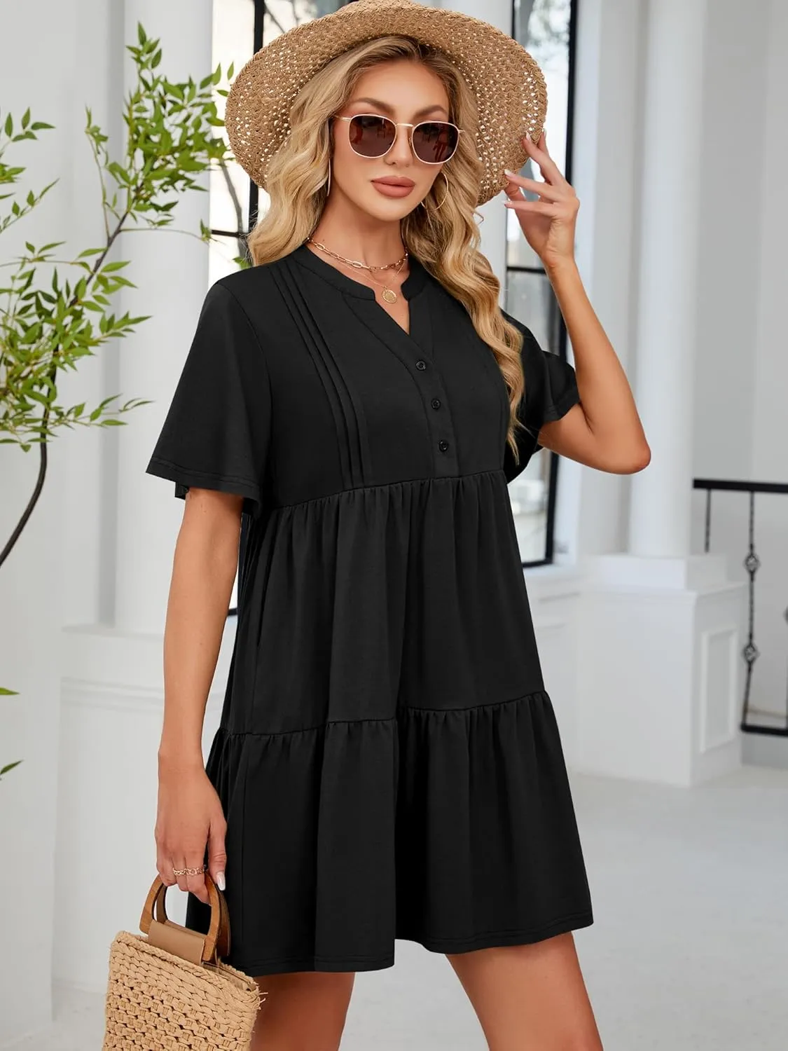 ZAFUL Womens Summer Dress 2025 Short Seeve V Neck Casual Beach Aline Tiered Mini Dress with Pockets