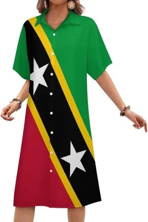 Zakqeik Mexican Flag Womens Button Down Shirt Dress Summer Casual Short Sleeve Shift Dresses with Pockets