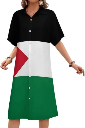 Zakqeik Women's Zimbabwe Flag Shirt Dress Collar V-Neck Button Down Loose Short Sleeve Long Dresses