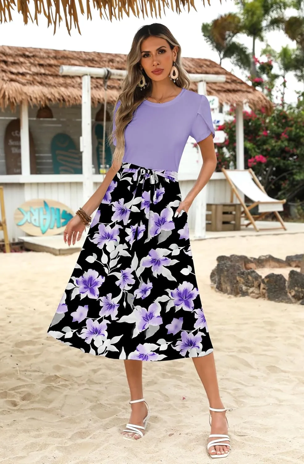 Zeagoo Womens Midi Dress Summer Short Sleeve Dress with Pockets 2025 Casual Floral T-Shirt Dress Flowy Beach Sundress