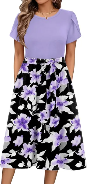 Zeagoo Womens Midi Dress Summer Short Sleeve Dress with Pockets 2025 Casual Floral T-Shirt Dress Flowy Beach Sundress