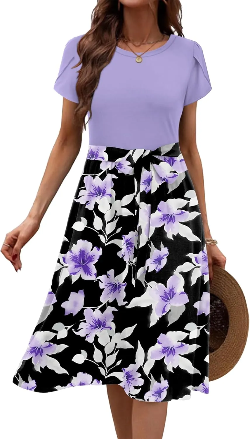Zeagoo Womens Midi Dress Summer Short Sleeve Dress with Pockets 2025 Casual Floral T-Shirt Dress Flowy Beach Sundress