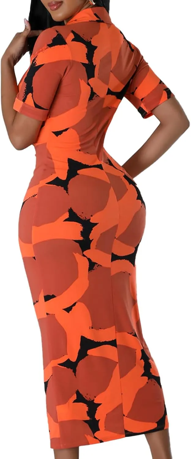 ZERMOM Women's Button Down Shirt Dress Short Sleeve Print Collar V Neck Summer Bodycon Midi Dresses