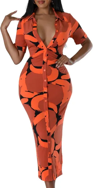 ZERMOM Women's Button Down Shirt Dress Short Sleeve Print Collar V Neck Summer Bodycon Midi Dresses