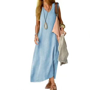 ZOCAVIA Women's Cotton Linen Sleeveless Maxi Dress Summer Loose Long Tank Dress Sundress with Pockets Beach Vacation Outfits